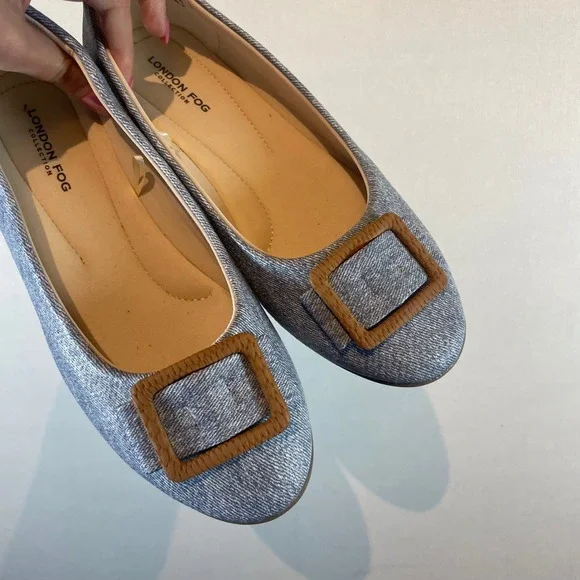 London Fog Bixby Blue Denim Buckle Ballet Flats Womens 7.5W Wide Slip On Shoes - Picture 5 of 7